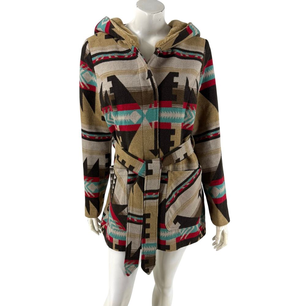 JouJou Jacket Size L Brown Blue Red Southwestern Aztec Belted Coat Faux Fur Hood